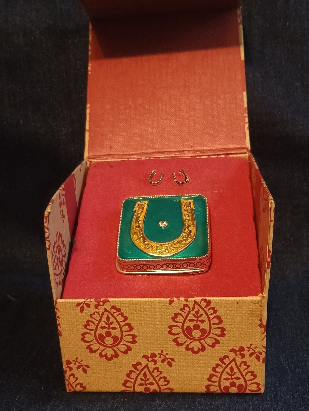 Lucky Brand Green and Gold Horseshoe Trinket Box With Silver Tone Earrings